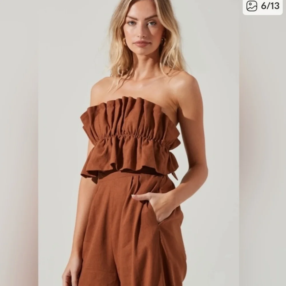 ASTR the label ruffle top jumpsuit linen cotton rust brown size S - Picture 5 of 14